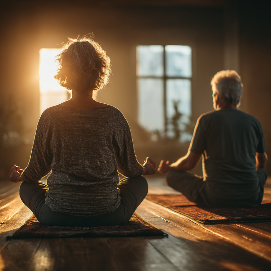 Група літніх людей займається йогою в світлій студії з досвідченим інструктором